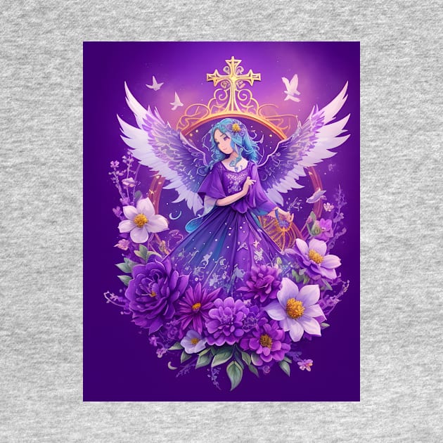 Purple Angel Under Gold Cross by MiracleROLart